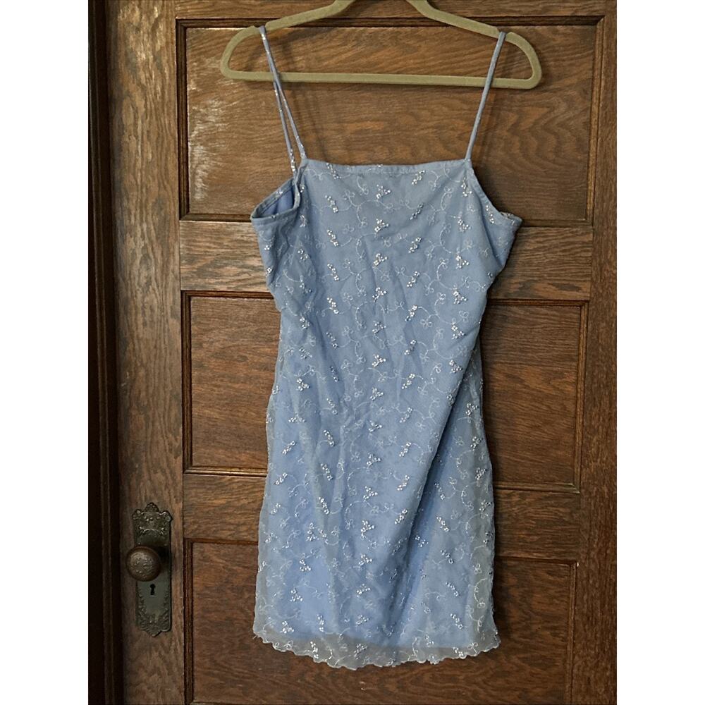 Vtg DBY Blue Silver Thread Dainty Floral Dress 90s Y2K Fairy Core Sz 11/12